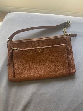 Fossil Pebbled Leather Crossbody in Cognac Brown with Gold Hardware